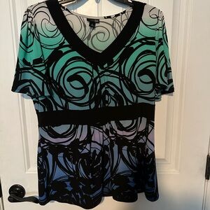 East 5th V-Neck Top with Black and Multicolor Swirls
